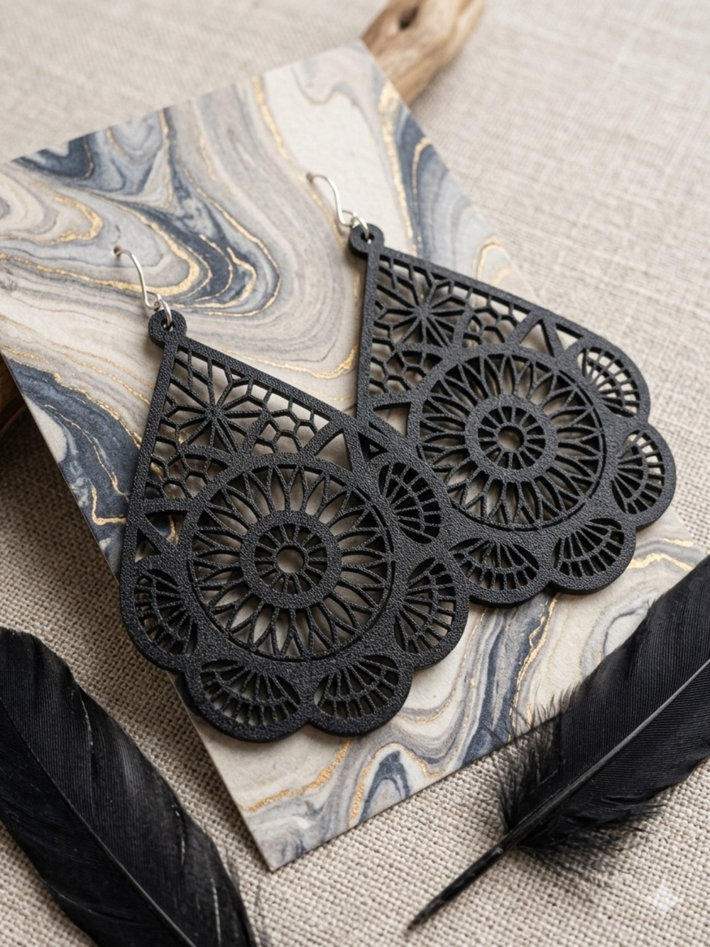 Black Lace-Style Filigree Teardrop Earrings - Women Accessories